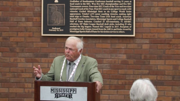 Former head coach Ron Polk speaks at the Ring Of Honor Inductee Ceremony. Mississippi State played Youngstown State on Saturday, February 16, 2019.